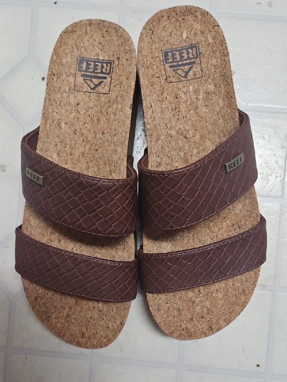 Reef Womens Double-Strap Cork Slide Sandals in Brown